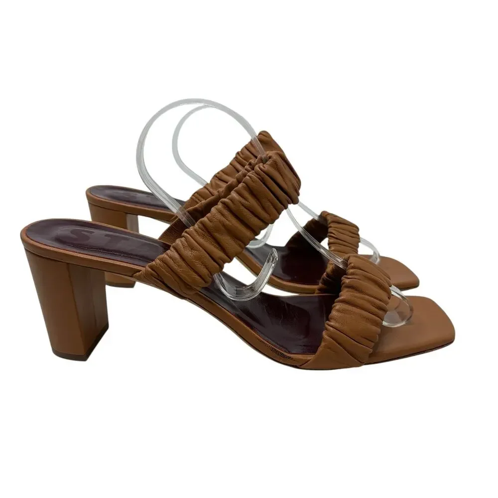 Staud‎ Frankie Ruched Leather Sandals Heels Brown Tan Size 42 US 12